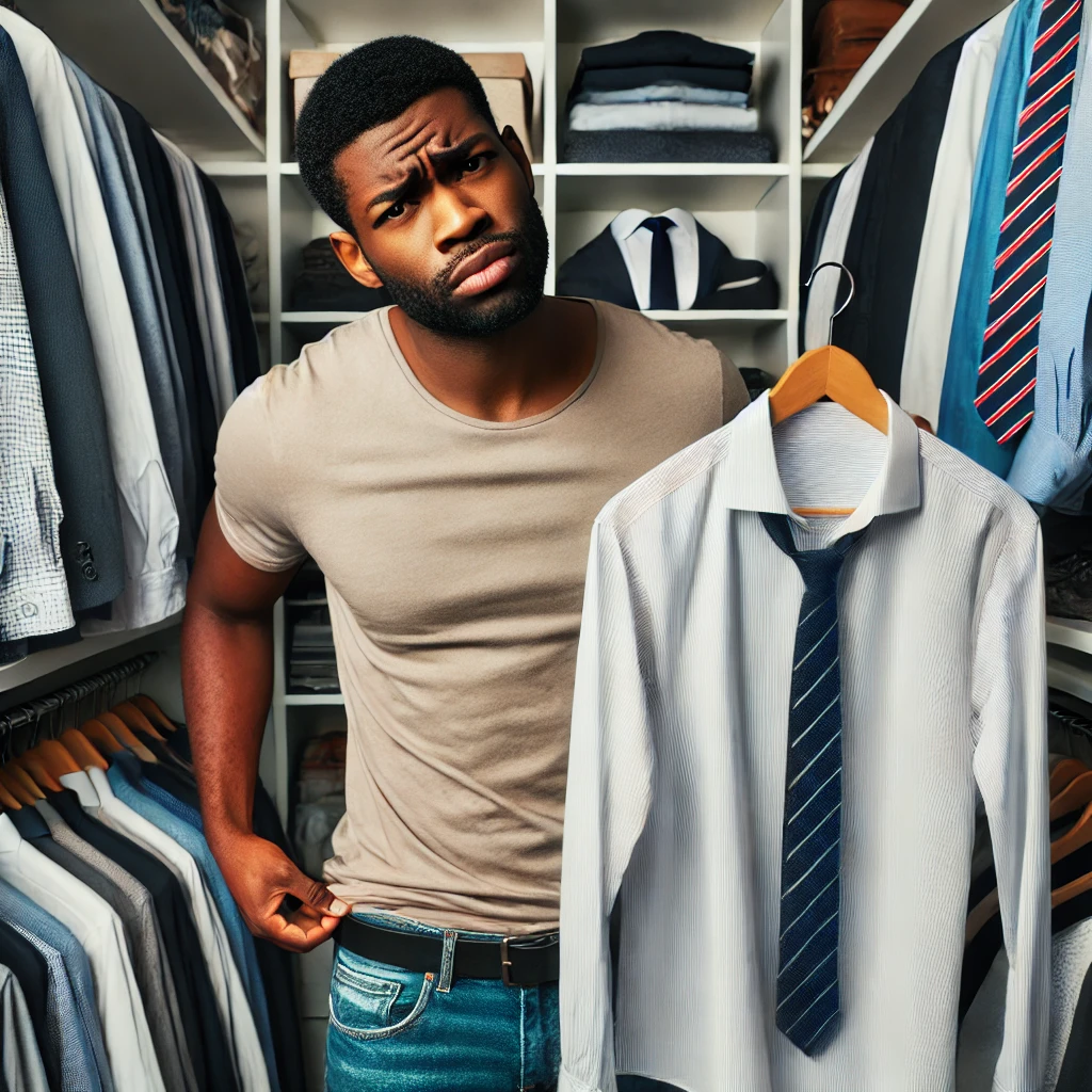 black professional in t shirt trying to find business clothes