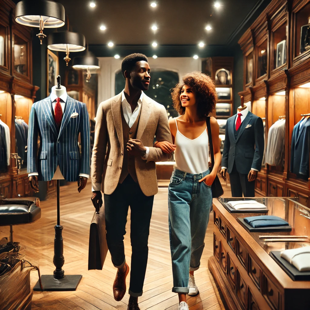 african american couple walking in luxury tailor shop